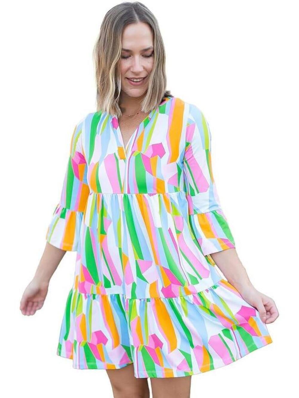 Mary Square Laguna Sea Glass Dress Multi Geometric Tiered Ruffle Mini Size L